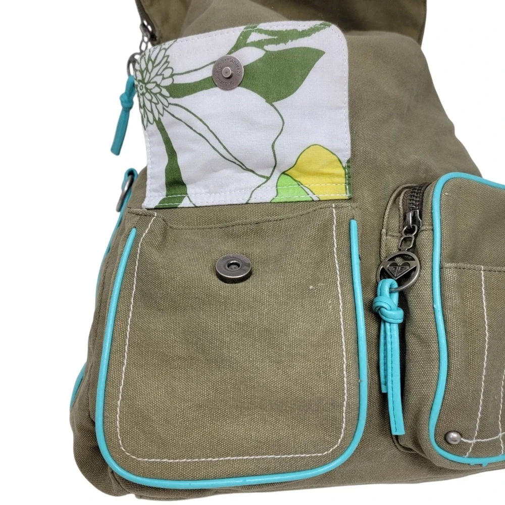 Vtg Roxy Canvas Backpack‎ Olive Green Turquoise Trim Floral Y2K Surfer Girl